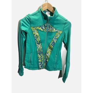 Ivivva Athletica Full Zip Jacket Girls 12 Teal Floral Print Active Yoga Sporty
